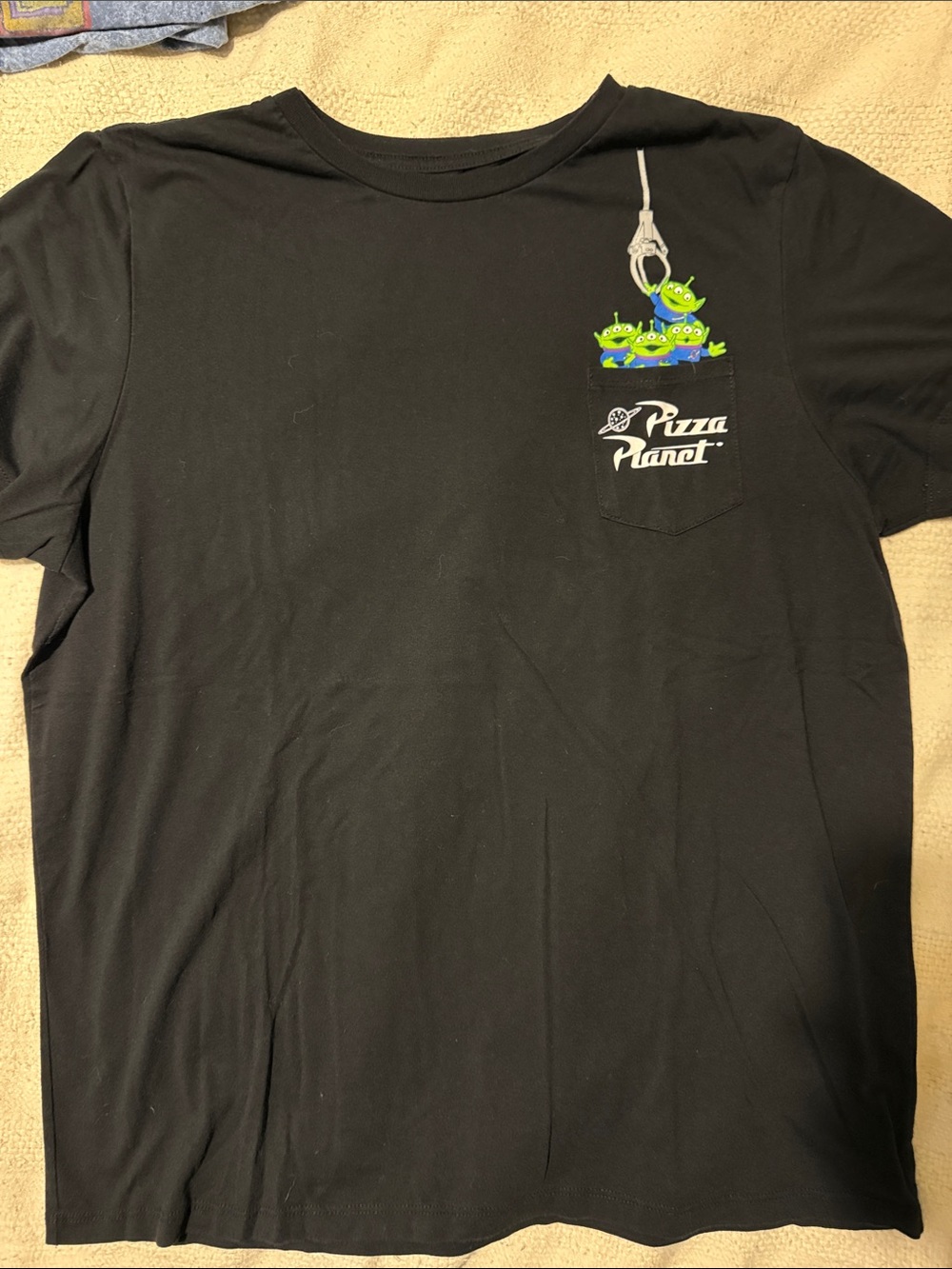Disney Black Short Sleeve Tee with Toy Story Aliens Pizza Planet Graphic